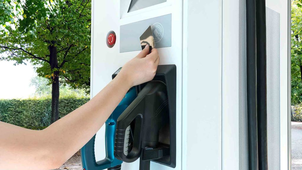 Electric car charging point credit card panel